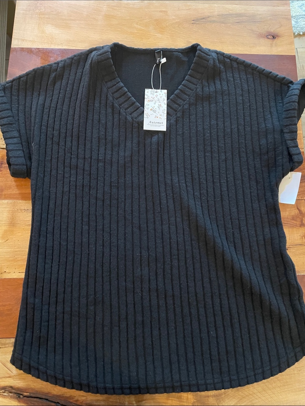 Black Ribbed V-Neck Women's short sleeve sweater/top